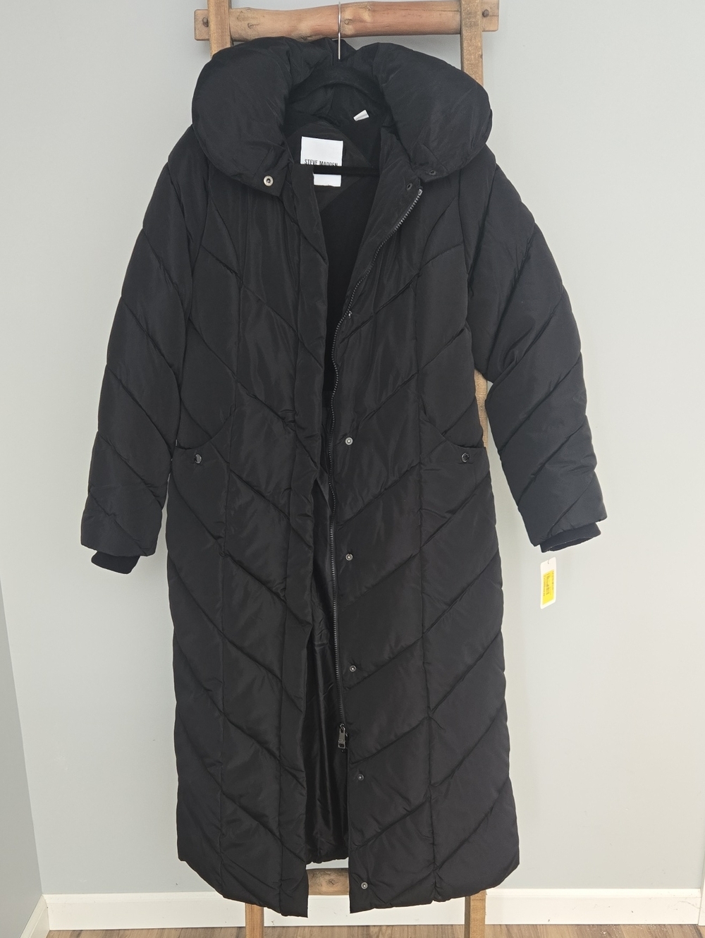 MADDEN Maxi Puffer Coat In Black, Size L, NEW